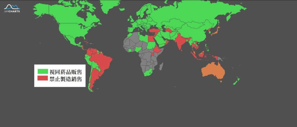 電子煙合法國家分佈圖，顯示電子煙使用合法的國家