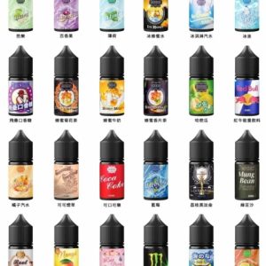 GENESIS 創世紀煙油全系列口味一覽圖，展示30ml裝共30種不同口味瓶身排布。