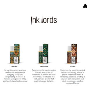 Airscream Ink Lords 系列三款茶香煙油展示圖，包括龍井、鐵觀音與烏龍茶口味，搭配典雅花紋包裝與中英文風味說明