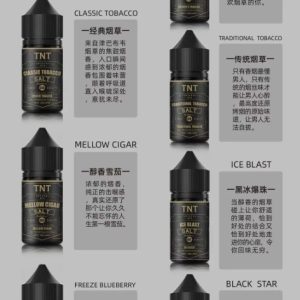 SANDI TNT 煙草煙油系列產品海報，展示七款經典口味介紹，包括黑星、藍莓爆珠、黑冰爆珠、濃縮煙草、傳統煙草、香草奶油與葡萄萬寶路，搭配中文與英文說明文字。